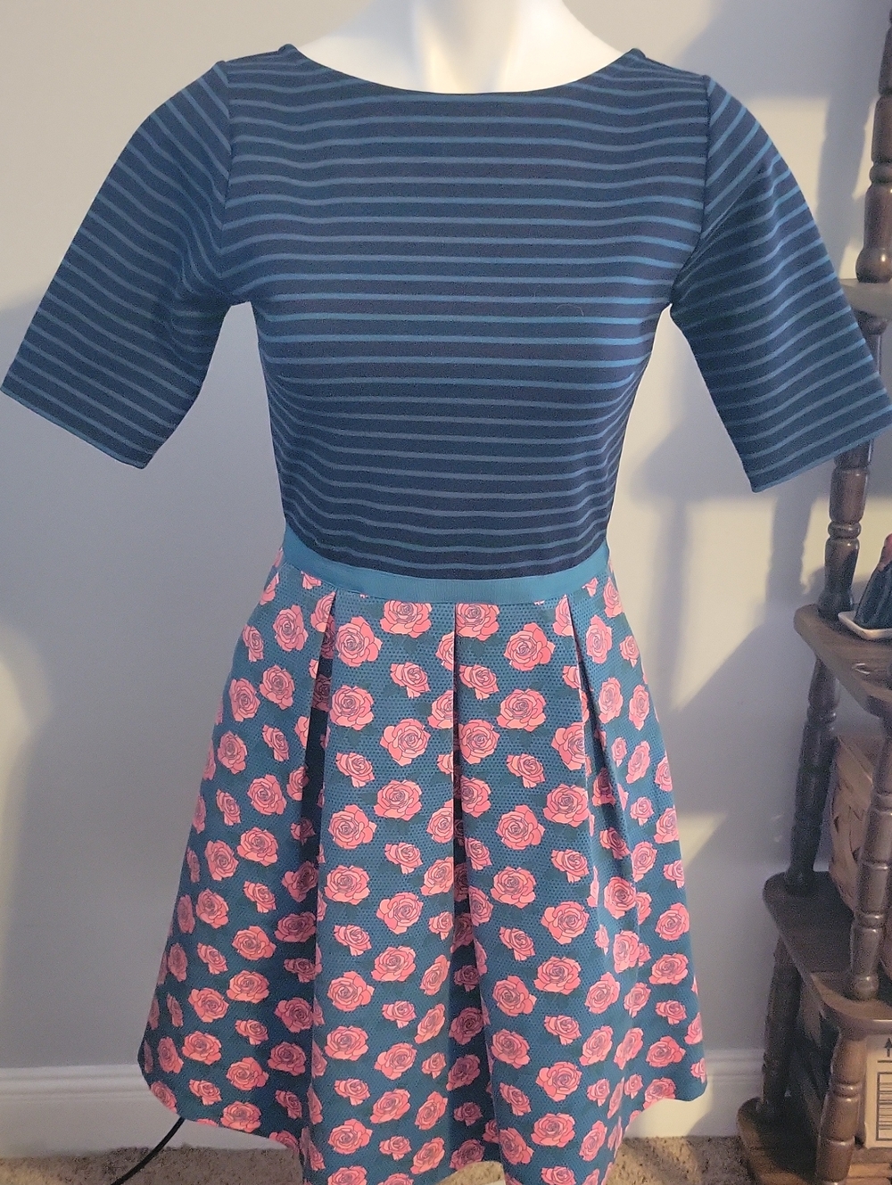 Navy Striped Top with Pink Rose Print Skirt Dress...size Small
